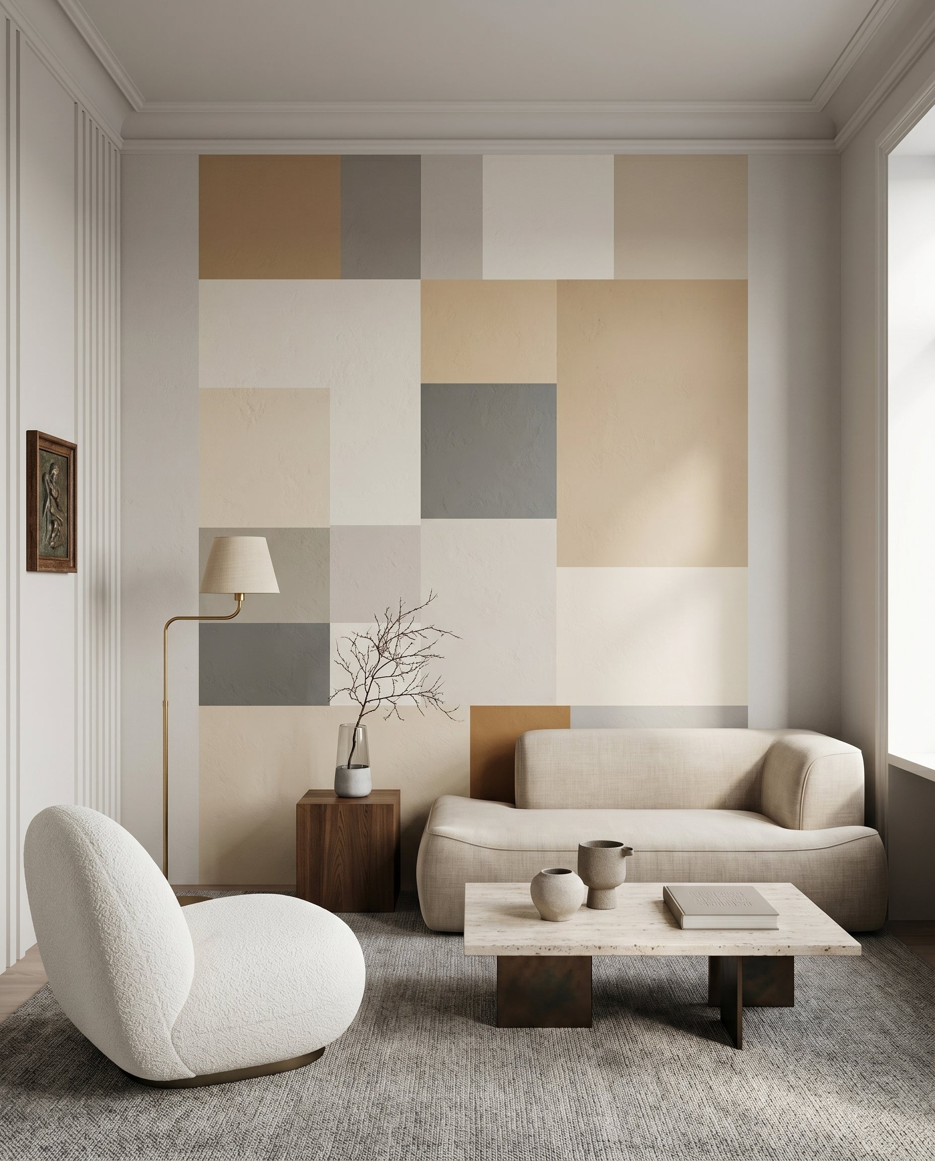 Layered rectangular blocks in cream beige tan and grey on abstract wall mural., GD10350