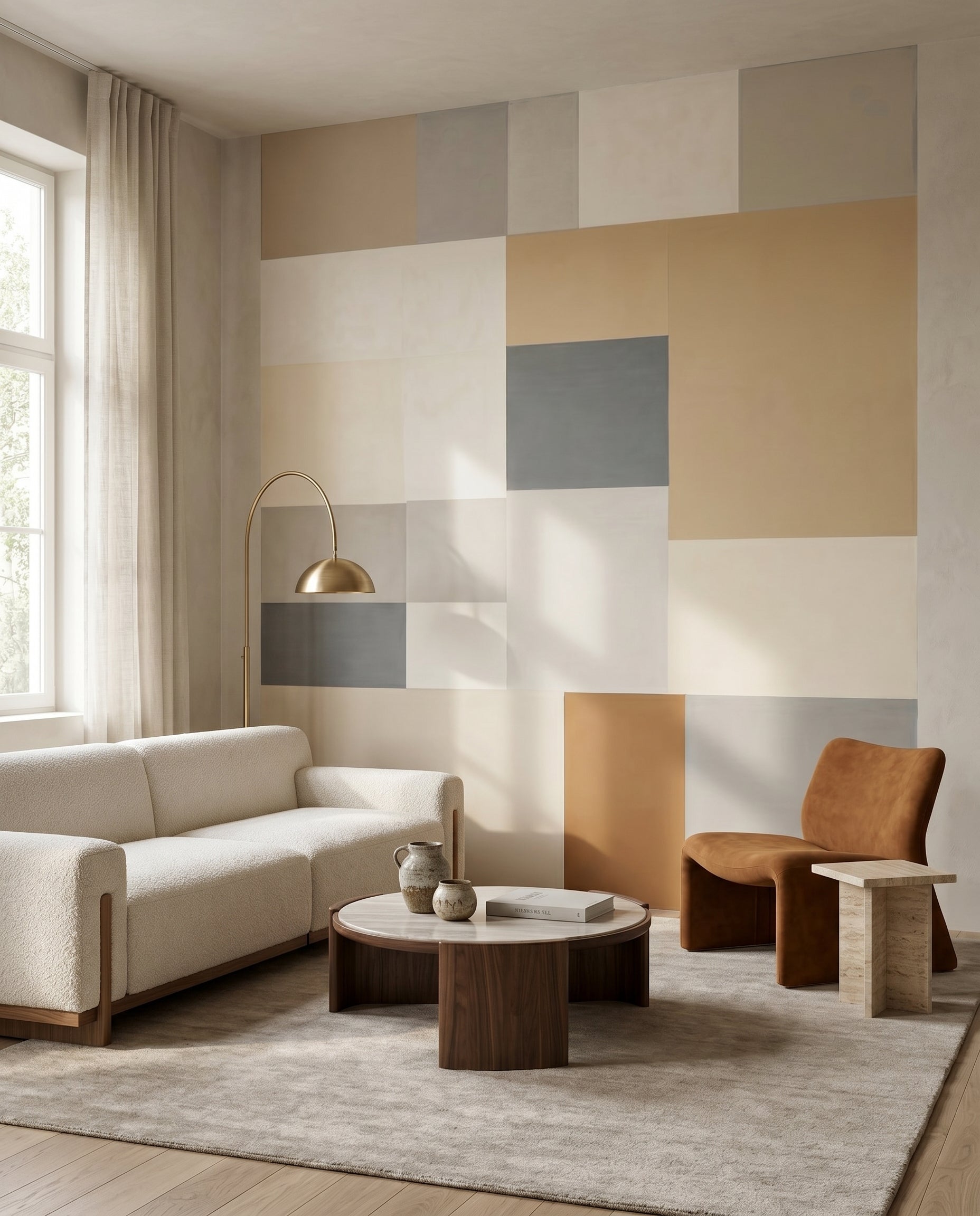 Neutral patchwork colour block mural with matte finish in living room setting, GD10350