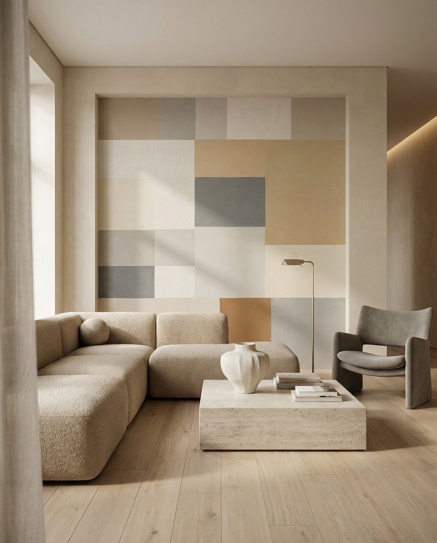 Agnes Plane wall mural with beige ochre and grey mosaic blocks in living space, GD10350