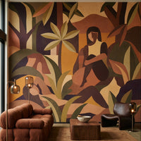 Living room wall mural with cubist tropical figures in warm earthy tone, GD10354