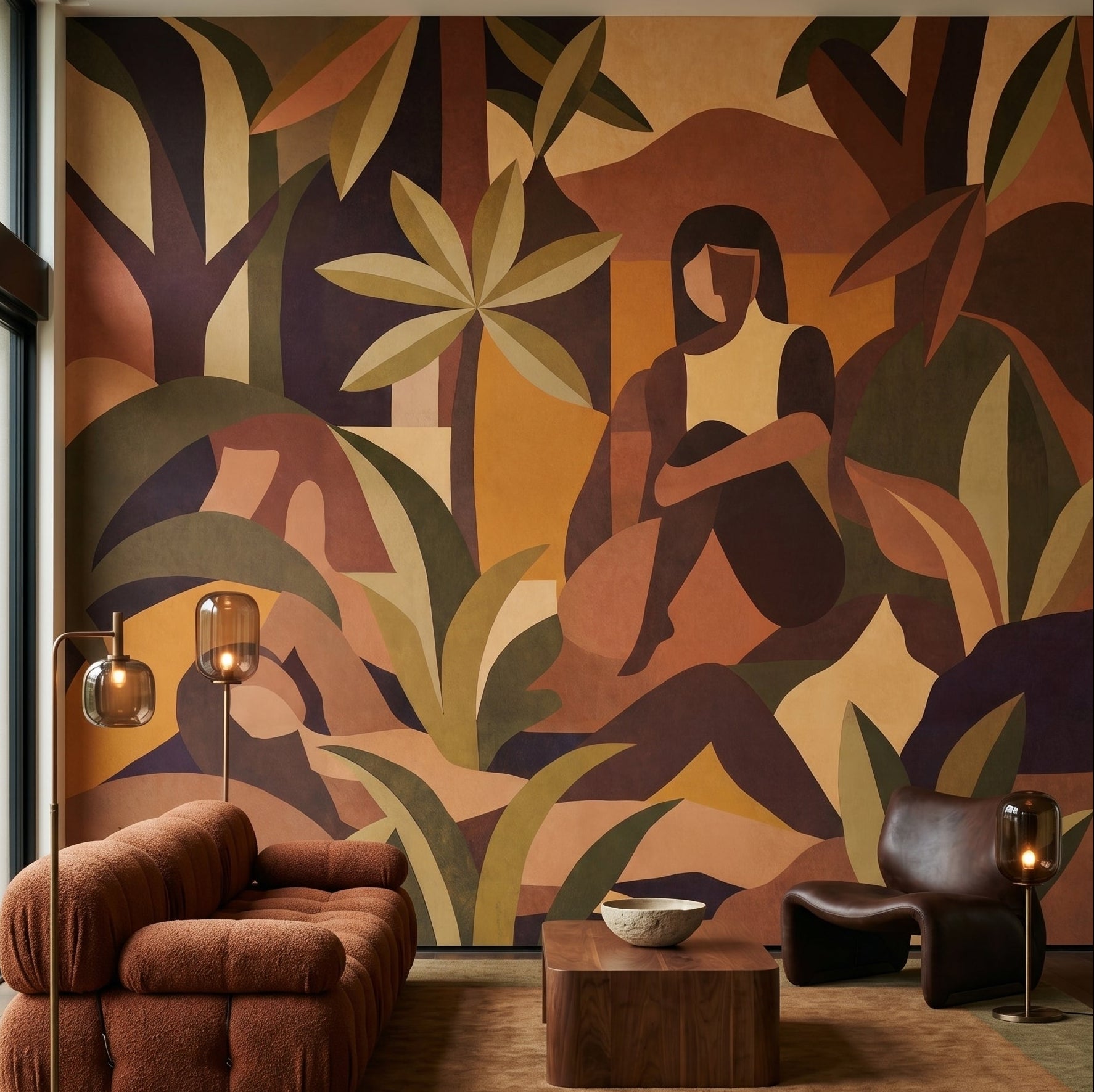 Living room wall mural with cubist tropical figures in warm earthy tone, GD10354