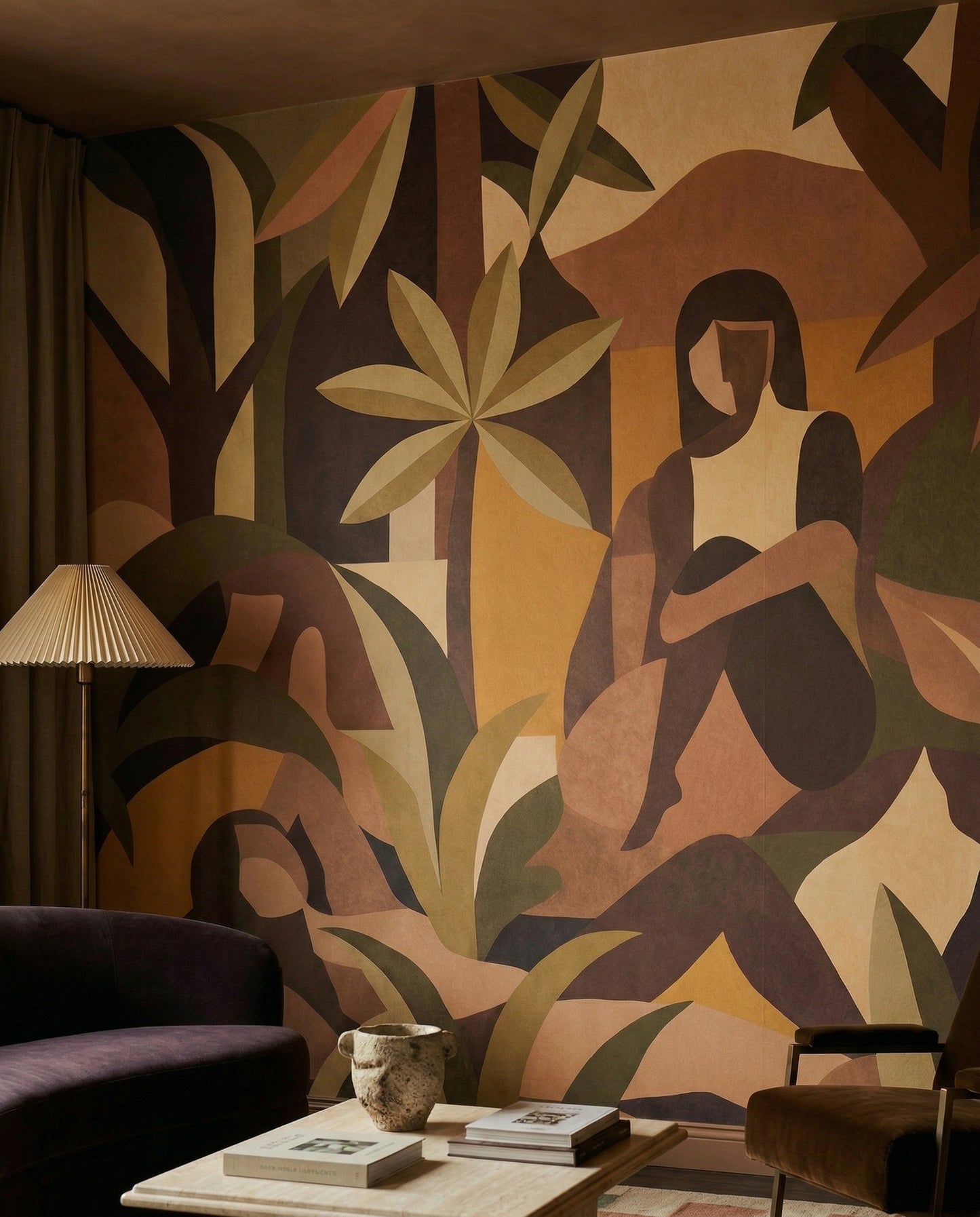 Geometric tropical mural featuring overlapping palm fronds and earthy gradients., GD10354