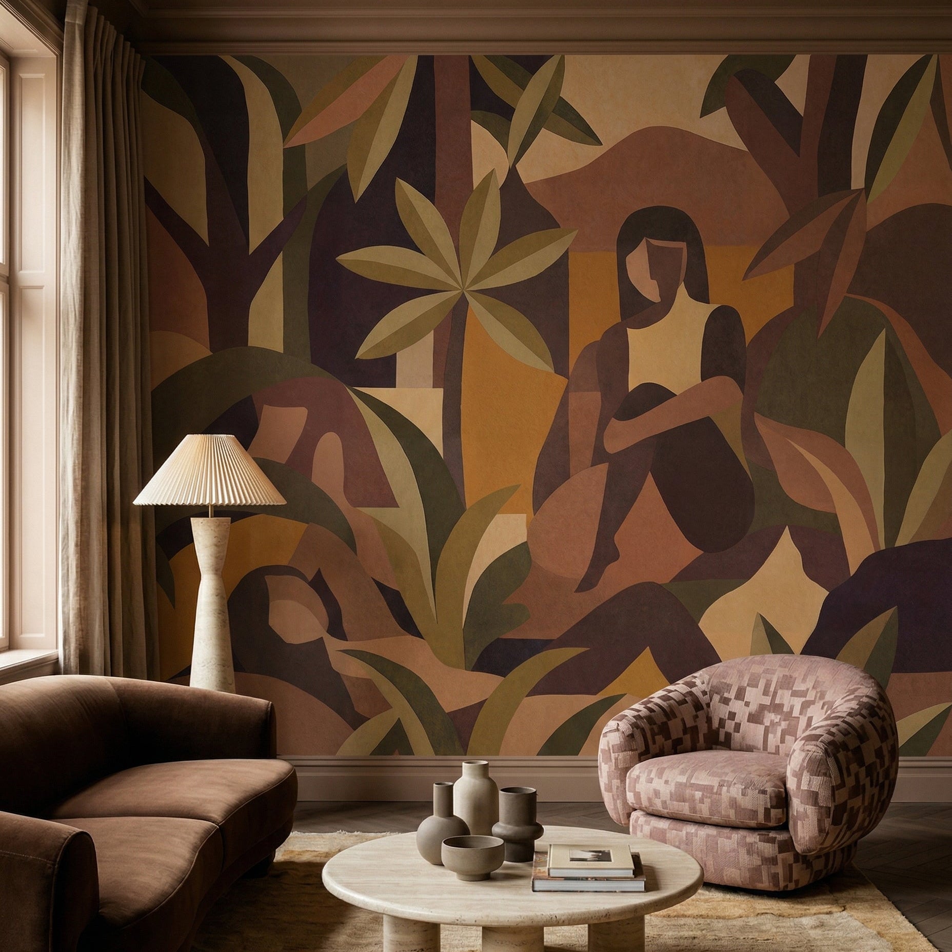 Block-style figurative mural in amber, brown and olive green colour palette., GD10354