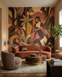 Cubist tropical wall mural with layered palm fronds and angular figures., GD10354