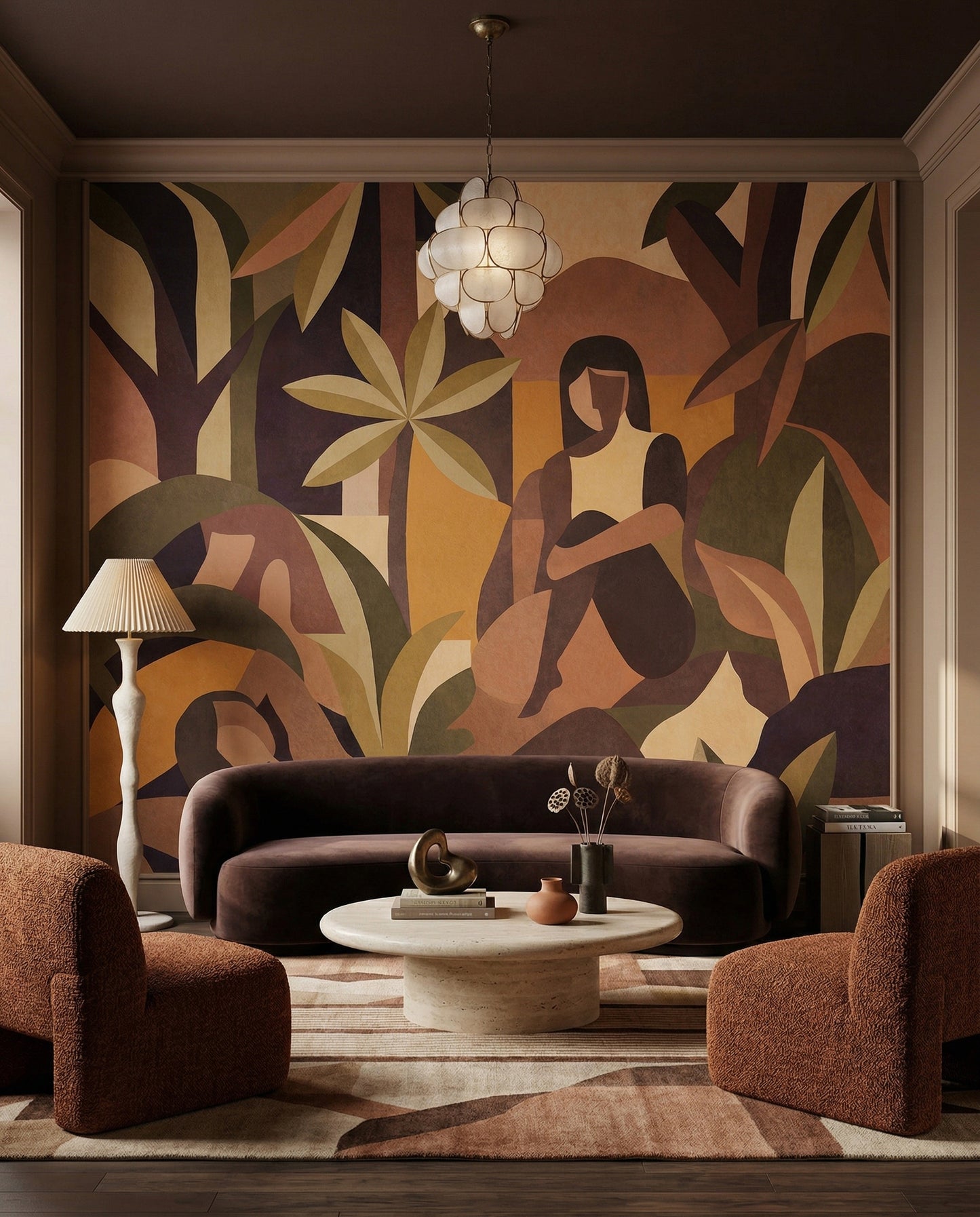 Muted earthy mural showing geometric leaf forms in olive and deep brown hues, GD10354