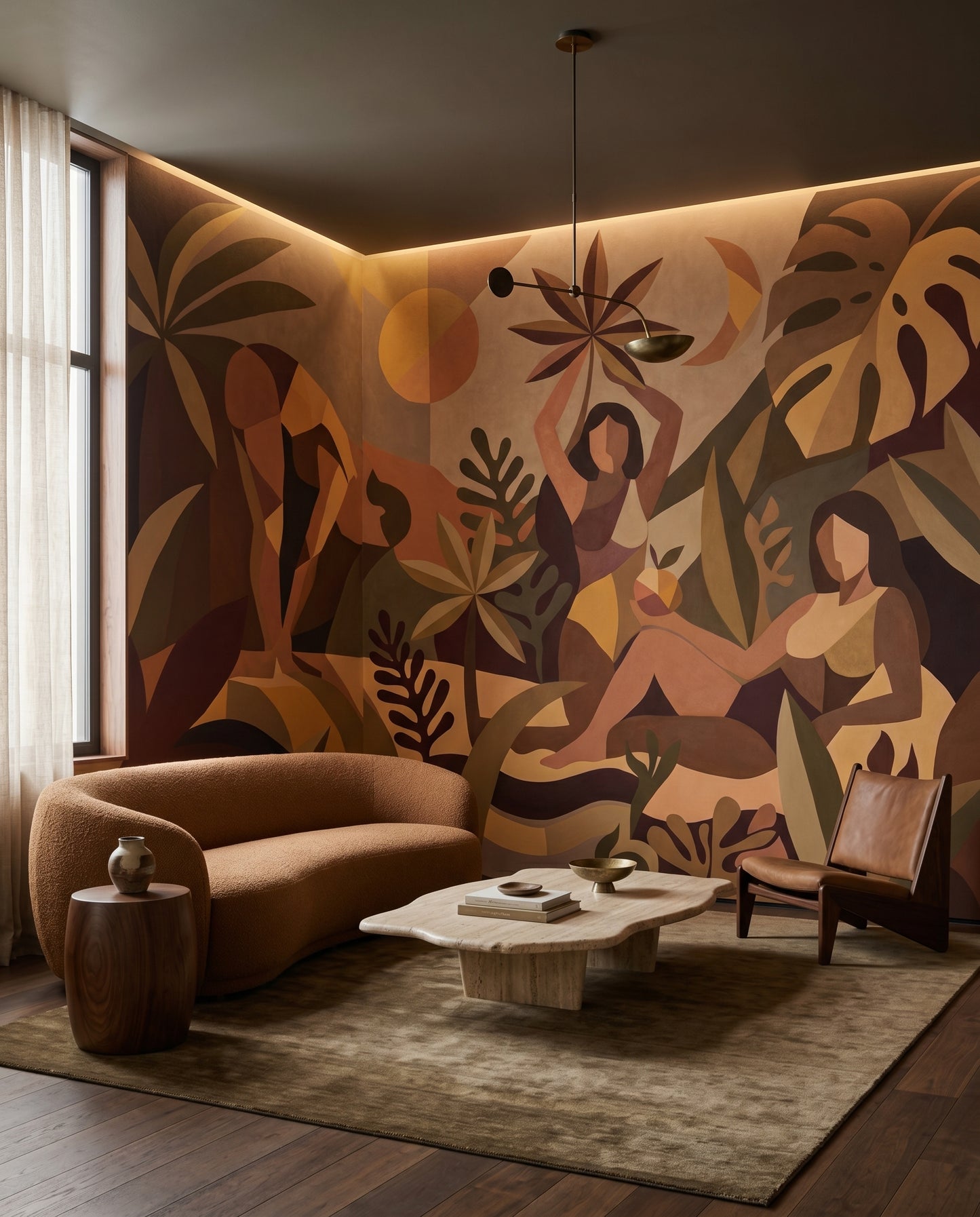 Earthy toned cubist mural displaying fern sprigs and broad leaves in sand and brown hues., GD10356