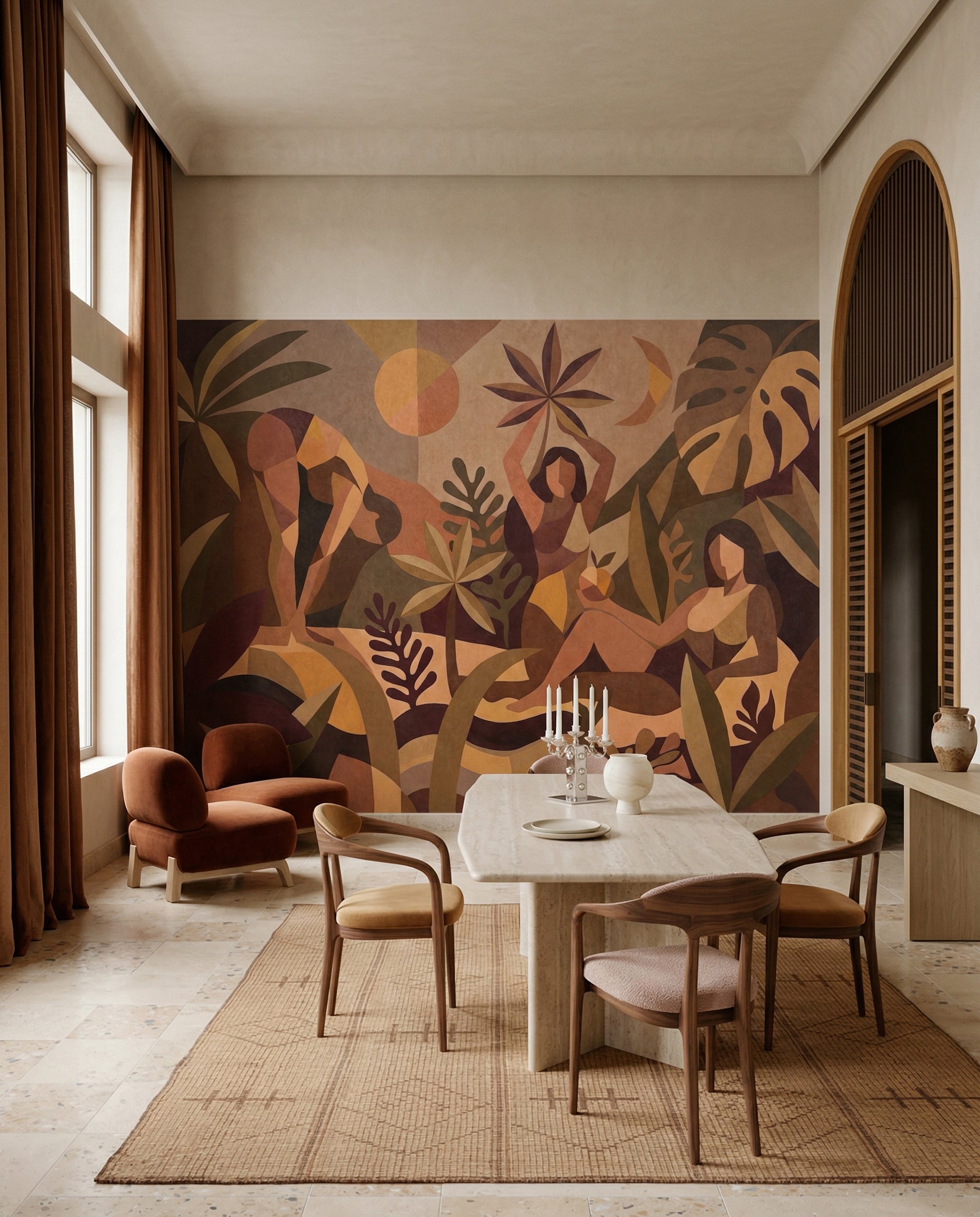 Warm amber and plum wall mural with interlocking human figures and tropical leaf in dining room., GD10356