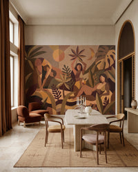 Warm amber and plum wall mural with interlocking human figures and tropical leaf in dining room., GD10356