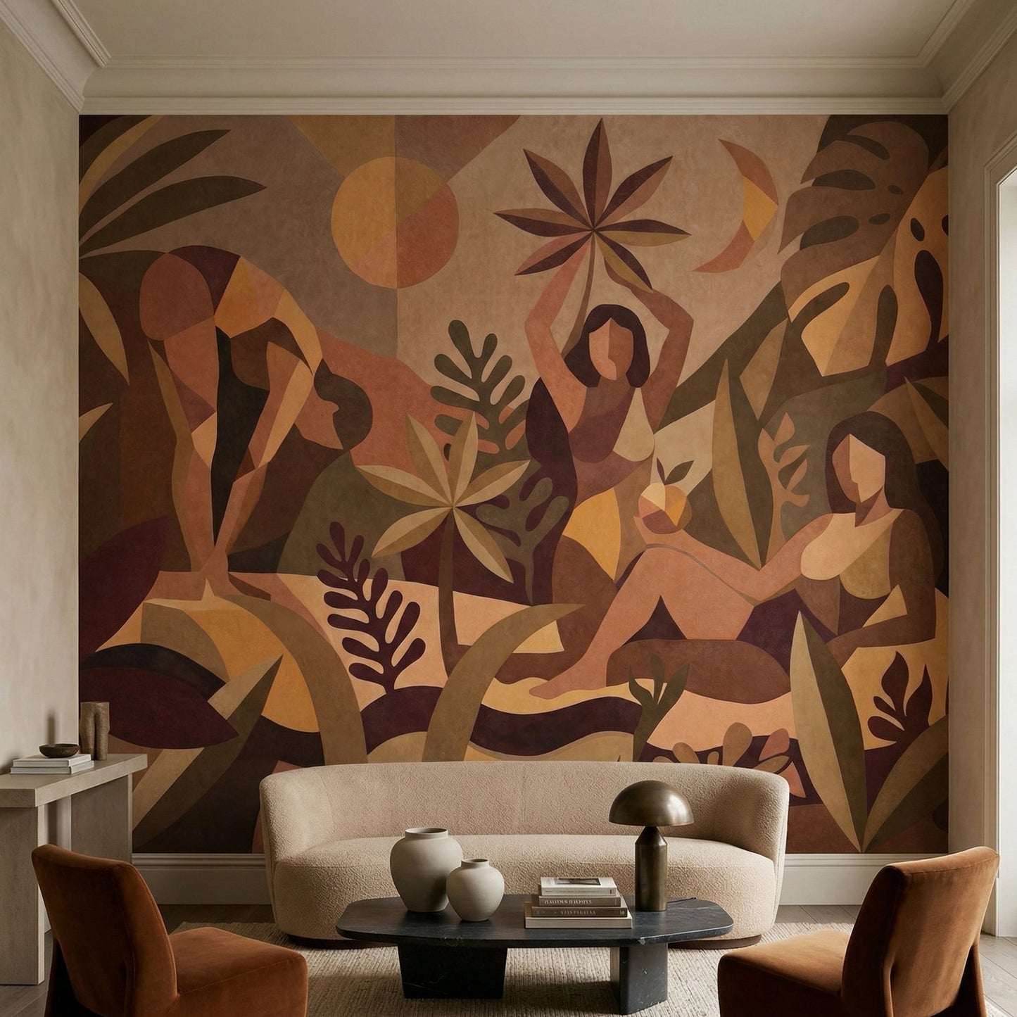 Cubist botanical mural featuring three posed figures framed by geometric mountain shapes., GD10356