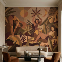 Cubist botanical mural featuring three posed figures framed by geometric mountain shapes., GD10356