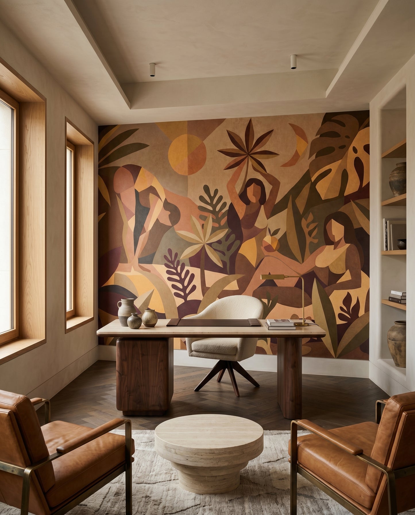 Flat-plane cubist wall mural showing monstera silhouettes and layered botanical forms in office., GD10356