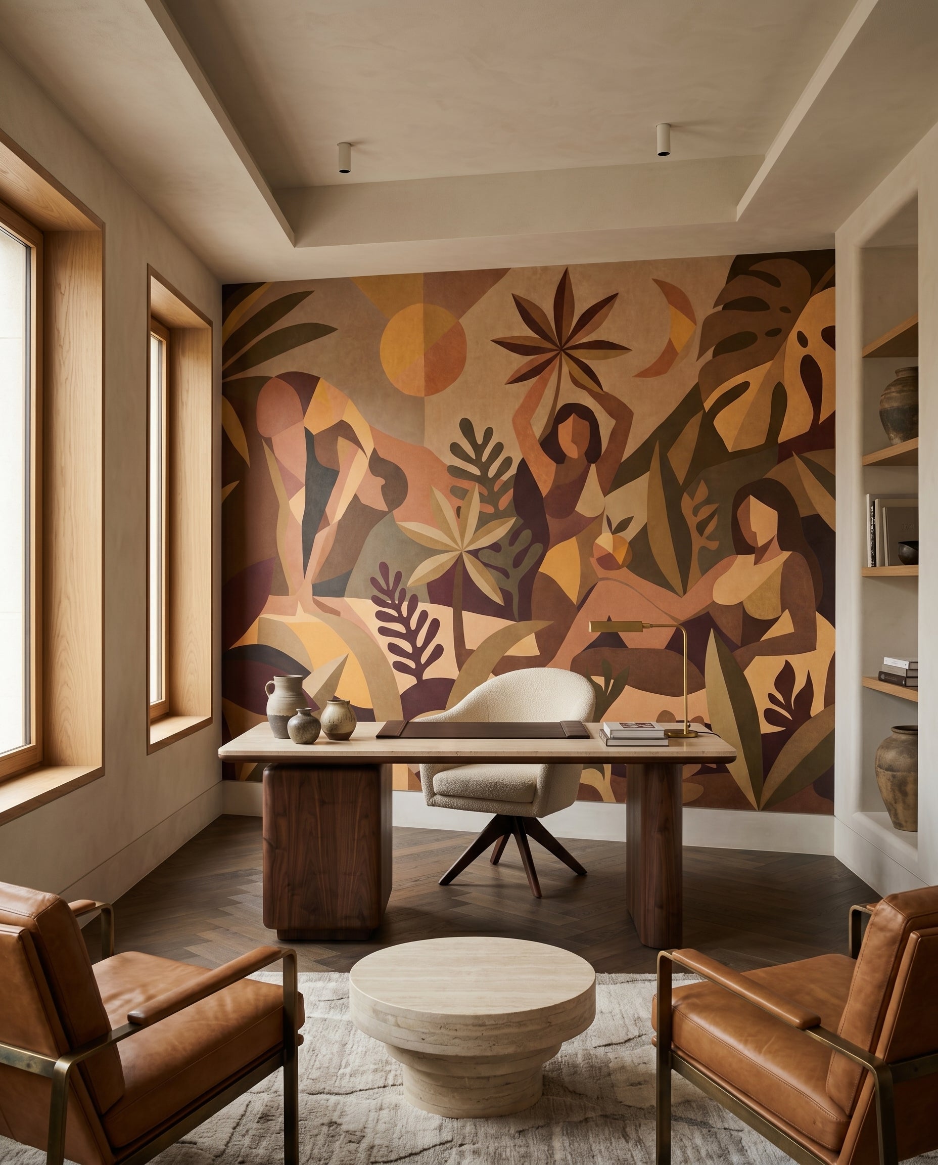Flat-plane cubist wall mural showing monstera silhouettes and layered botanical forms in office., GD10356