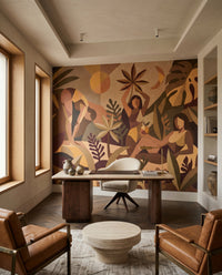 Flat-plane cubist wall mural showing monstera silhouettes and layered botanical forms in office., GD10356