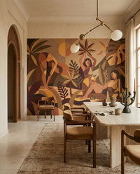 Angular tropical wall mural with celestial motifs and overlapping colour blocks in dining room., GD10356
