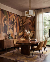 Cubist tropical mural with layered leaf forms and four posed figures in earthy color., GD10355