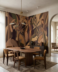 Muted geometric mural displaying tropical plants and faceless figures in warm hues., GD10355