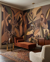 Flat-plane figurative wall mural in sand, olive and deep plum colour palette., GD10355
