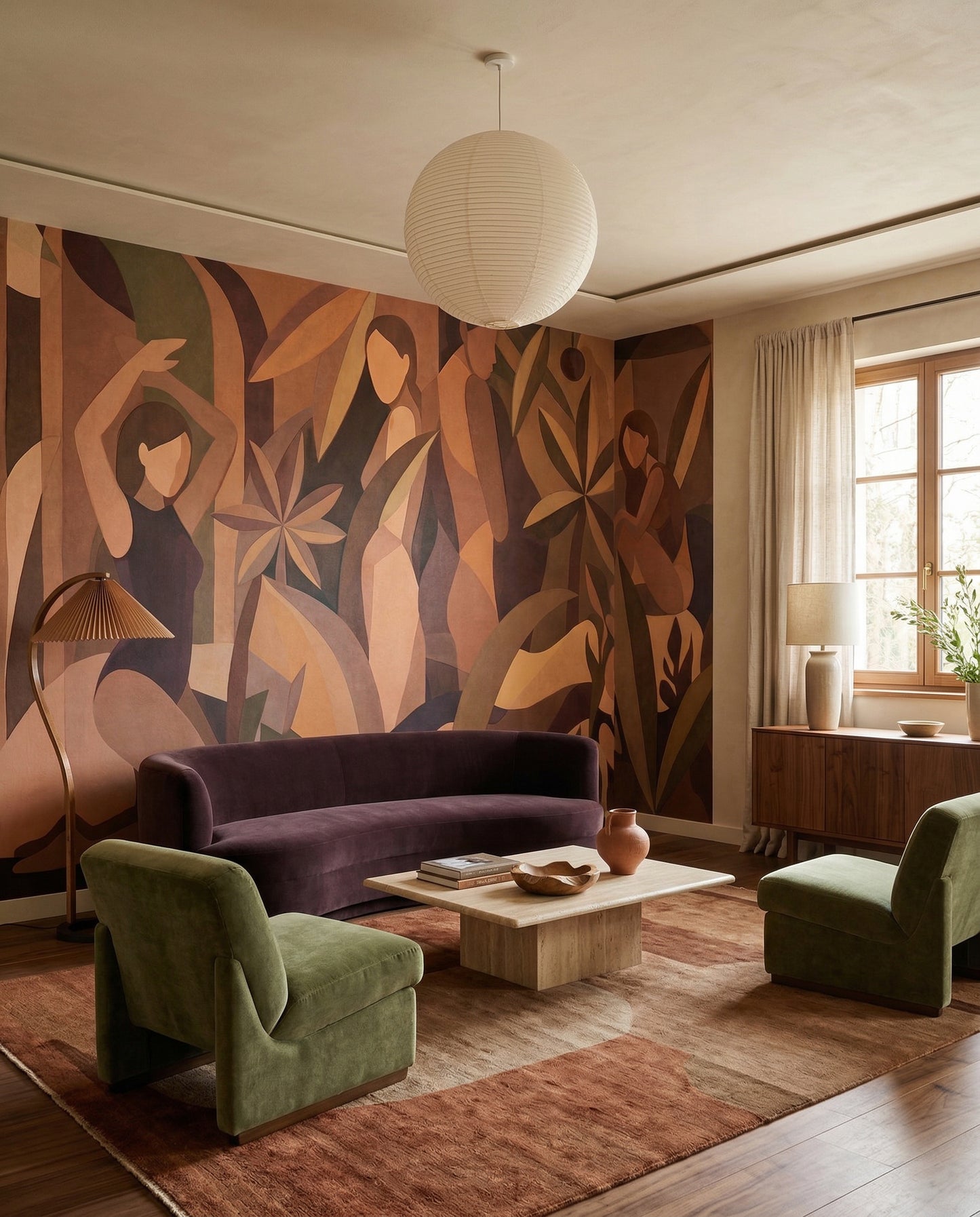 Living room feature wall mural with wide cubist figurative scene in taupe tone., GD10355