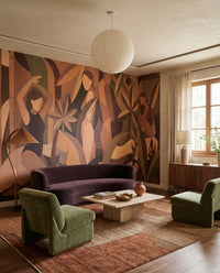 Living room feature wall mural with wide cubist figurative scene in taupe tone., GD10355