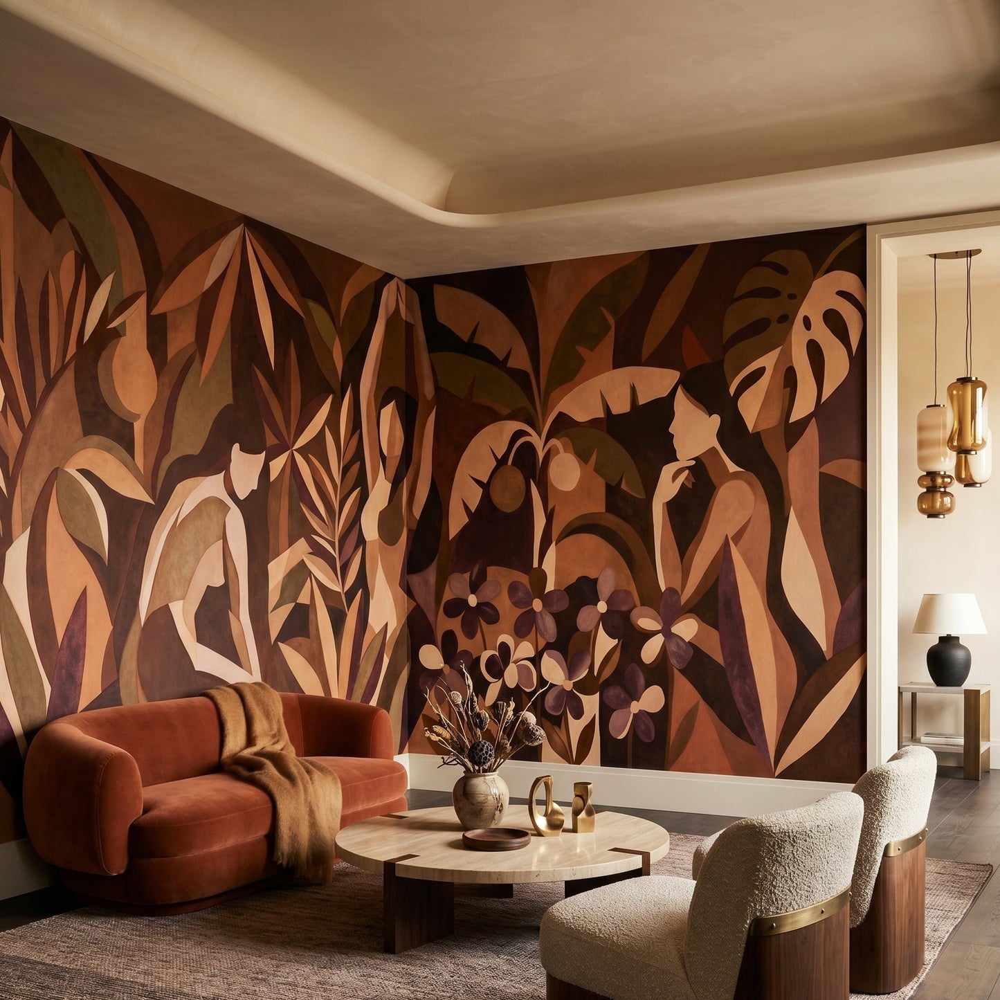 Living room wall mural with dark cubist tropical scene in burgundy and peach palette., GD10357