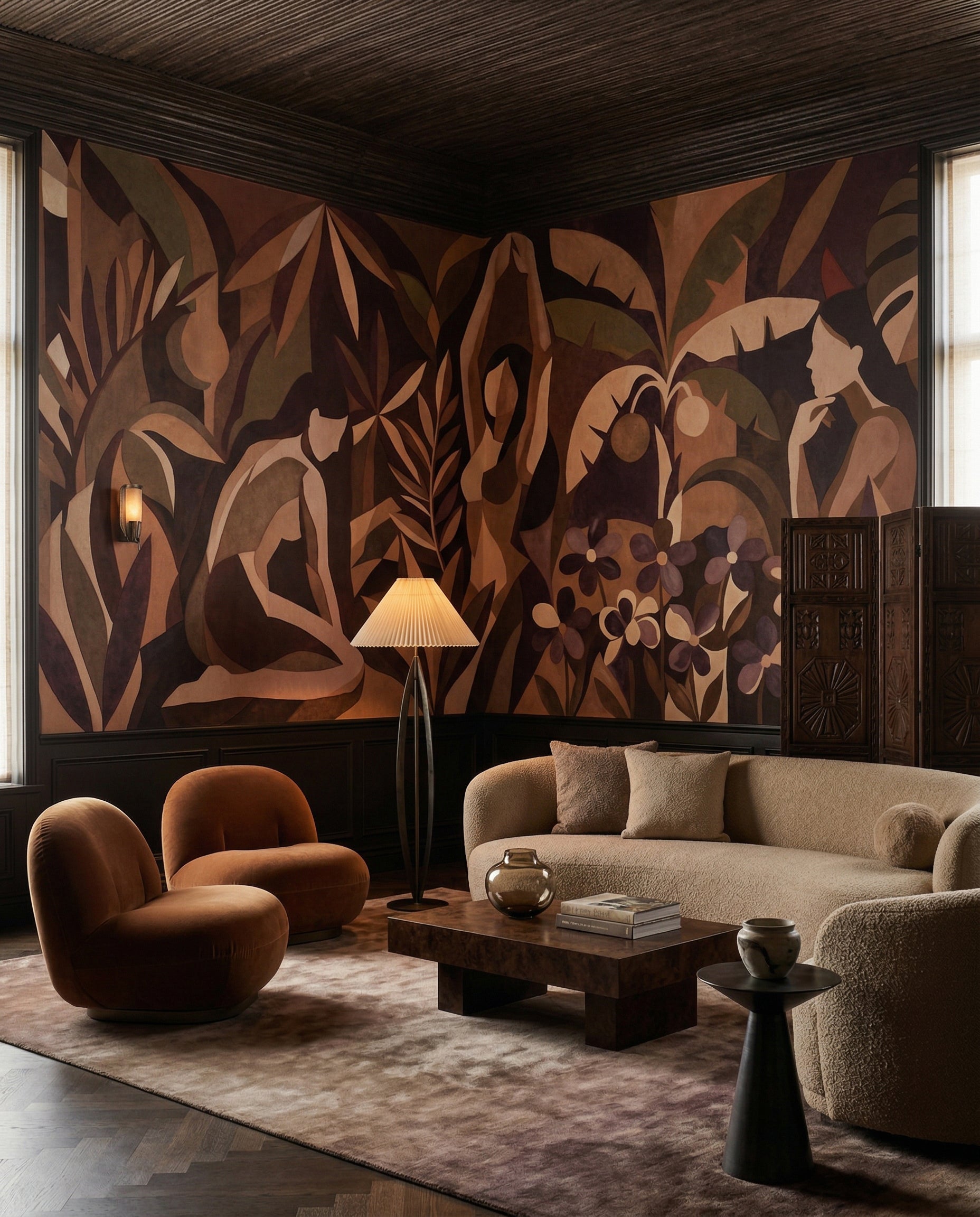 Wide format wall mural featuring angular human forms and dense botanical foliage., GD10357