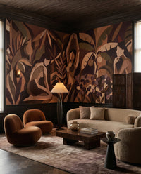 Wide format wall mural featuring angular human forms and dense botanical foliage., GD10357