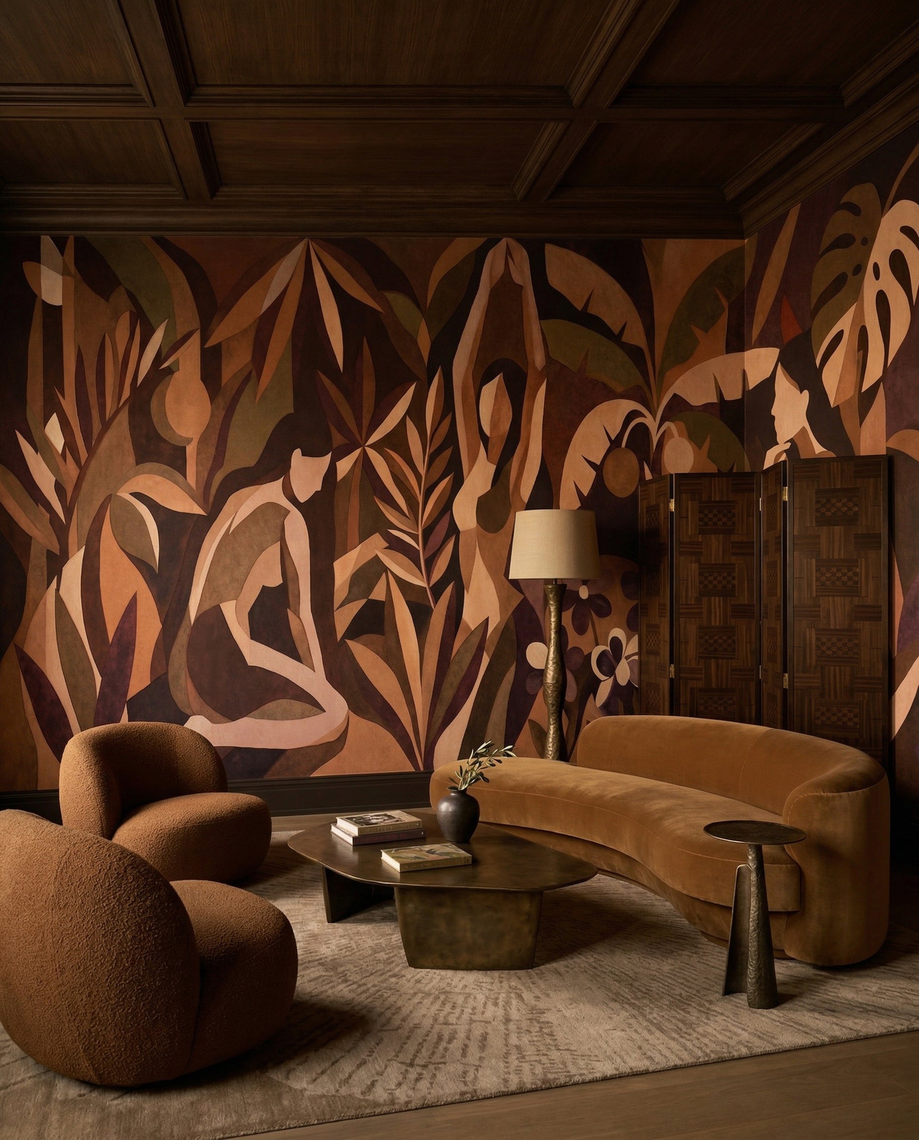 Abstract tropical mural displaying layered geometric figures and vertical leaf patterns., GD10357
