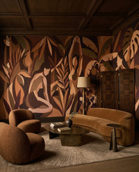 Abstract tropical mural displaying layered geometric figures and vertical leaf patterns., GD10357