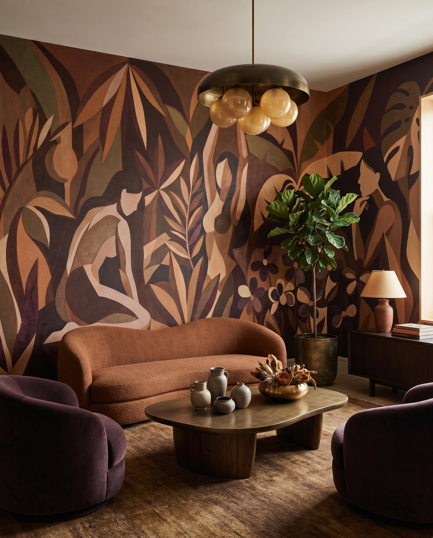 Burgundy and olive cubist wall mural with clustered floral and figurative elements in living area., GD10357