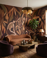 Burgundy and olive cubist wall mural with clustered floral and figurative elements in living area., GD10357