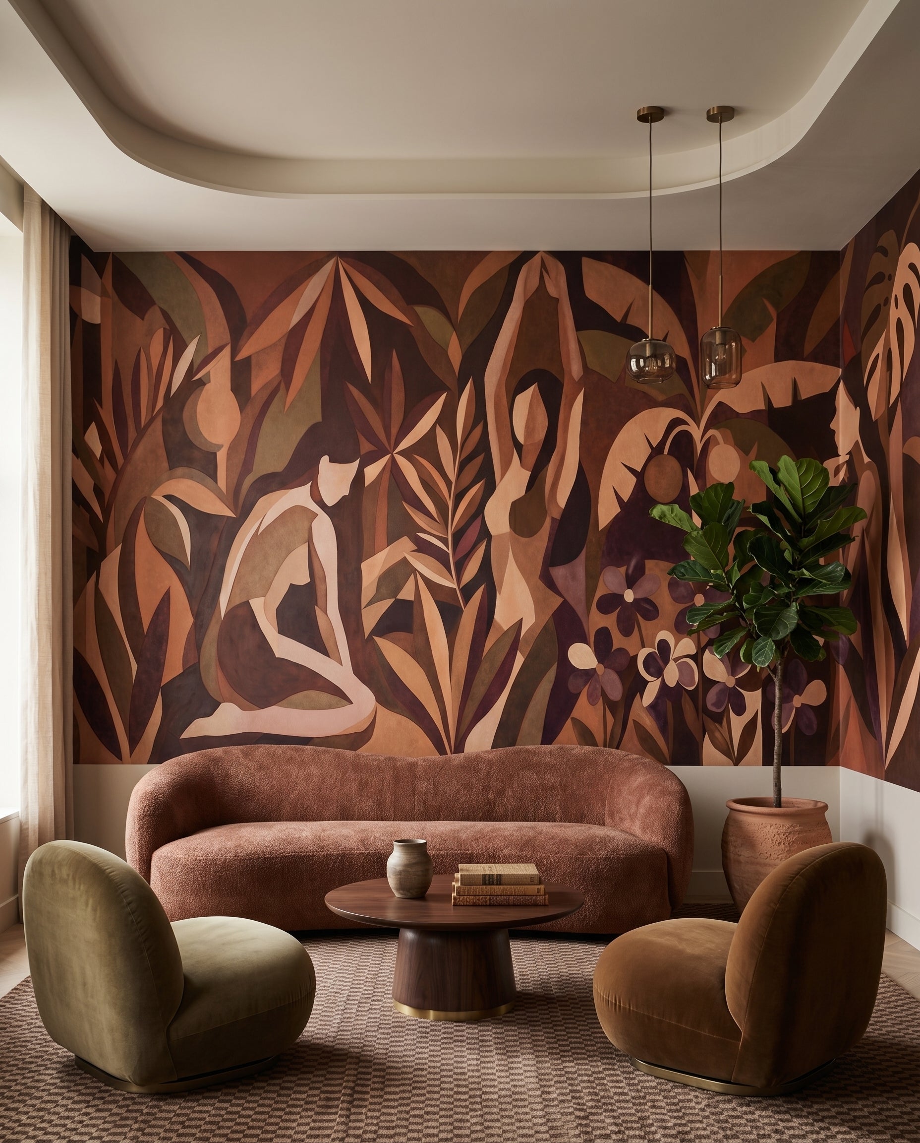 Earthy cubist mural with overlapping leaf shapes and a red bird in the upper corner., GD10357