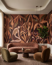 Earthy cubist mural with overlapping leaf shapes and a red bird in the upper corner., GD10357