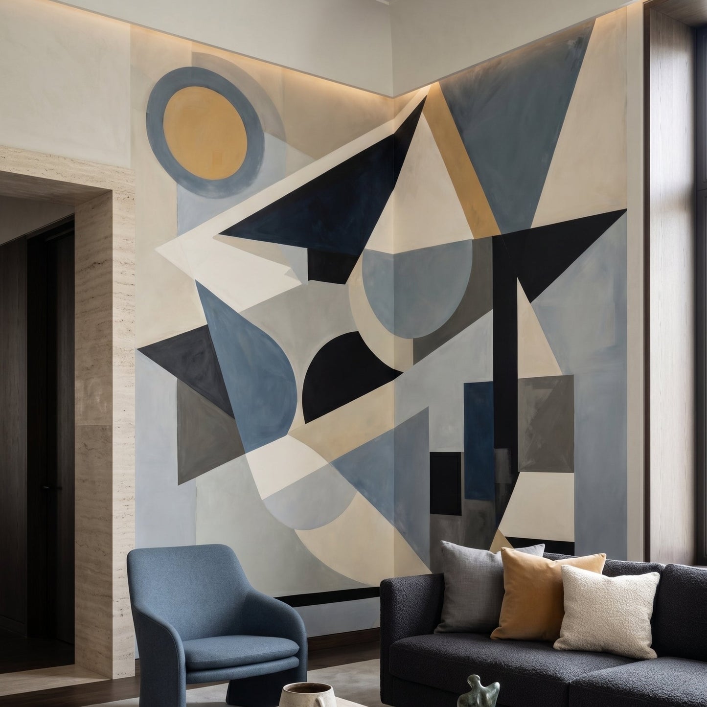 Flat-plane constructivist wall mural in steel blue, cream and charcoal black accents., GD10360