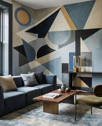 Navy and sand abstract mural displaying intersecting triangles and semicircular planes., GD10360