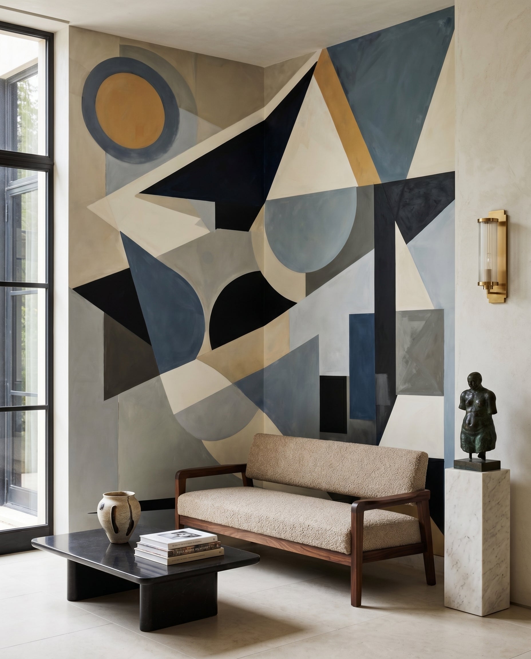 Layered wall mural with overlapping half-circles and sharp navy triangular wedge forms., GD10360