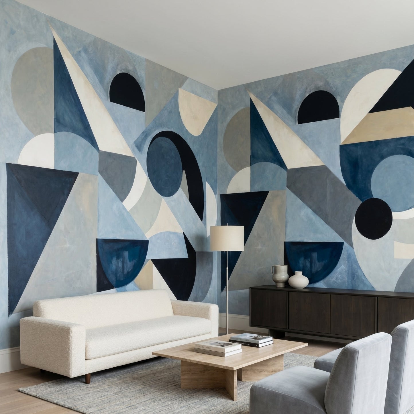 Geometric mosaic mural displaying overlapping navy circles and beige triangular wedges., GD10361