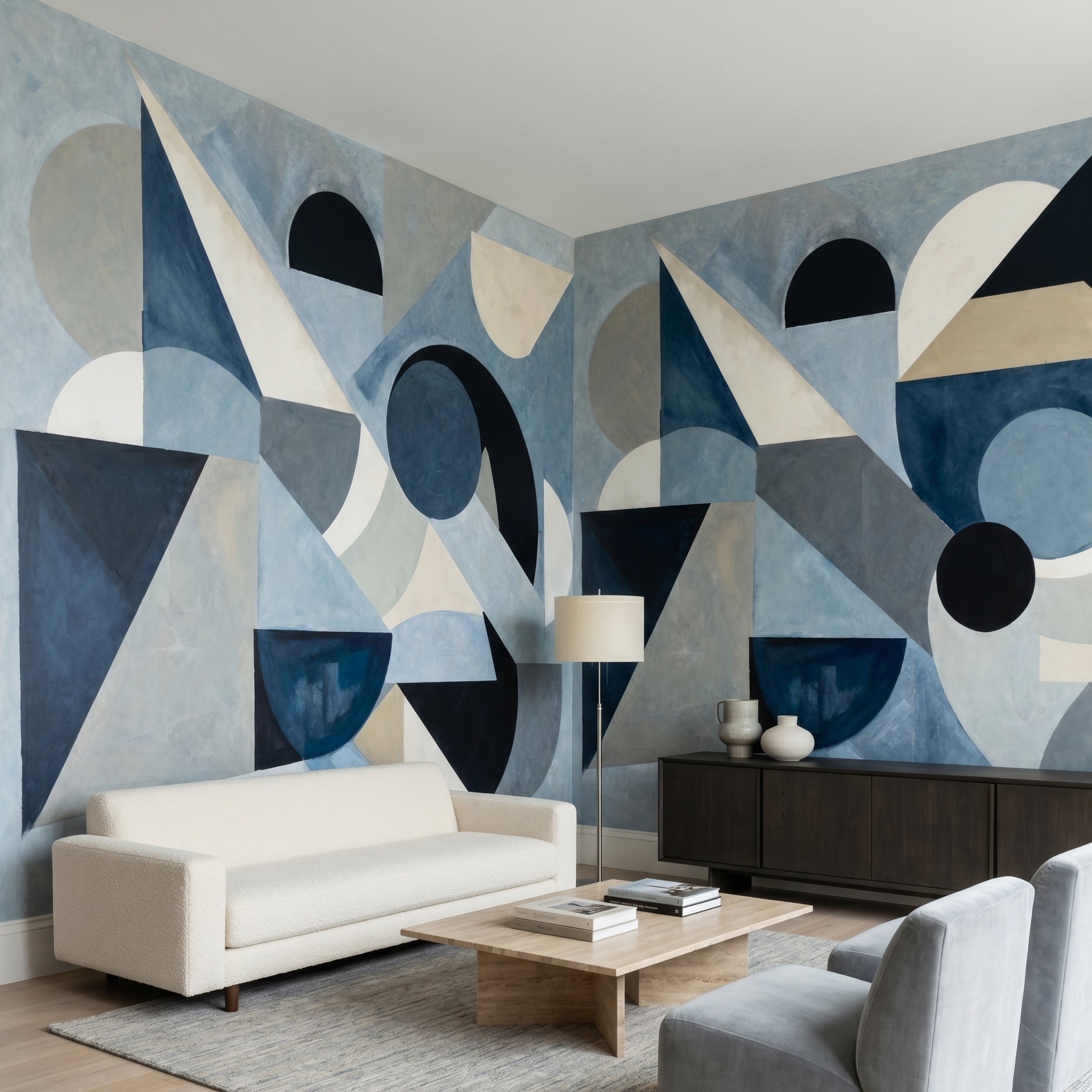 Geometric mosaic mural displaying overlapping navy circles and beige triangular wedges., GD10361