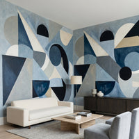 Geometric mosaic mural displaying overlapping navy circles and beige triangular wedges., GD10361
