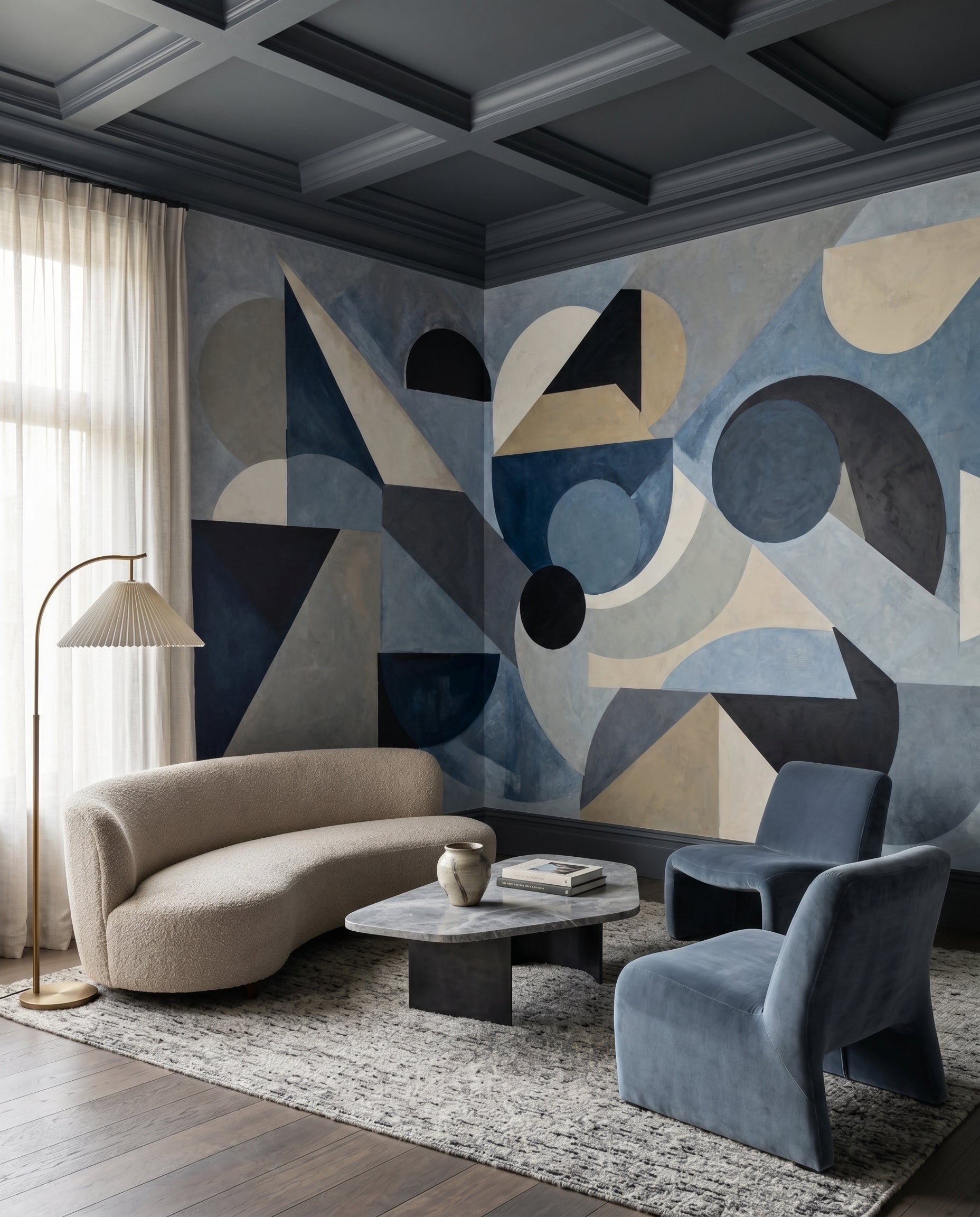 Living room wall mural with dense blue and grey geometric circle and triangle pattern., GD10361