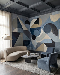 Living room wall mural with dense blue and grey geometric circle and triangle pattern., GD10361
