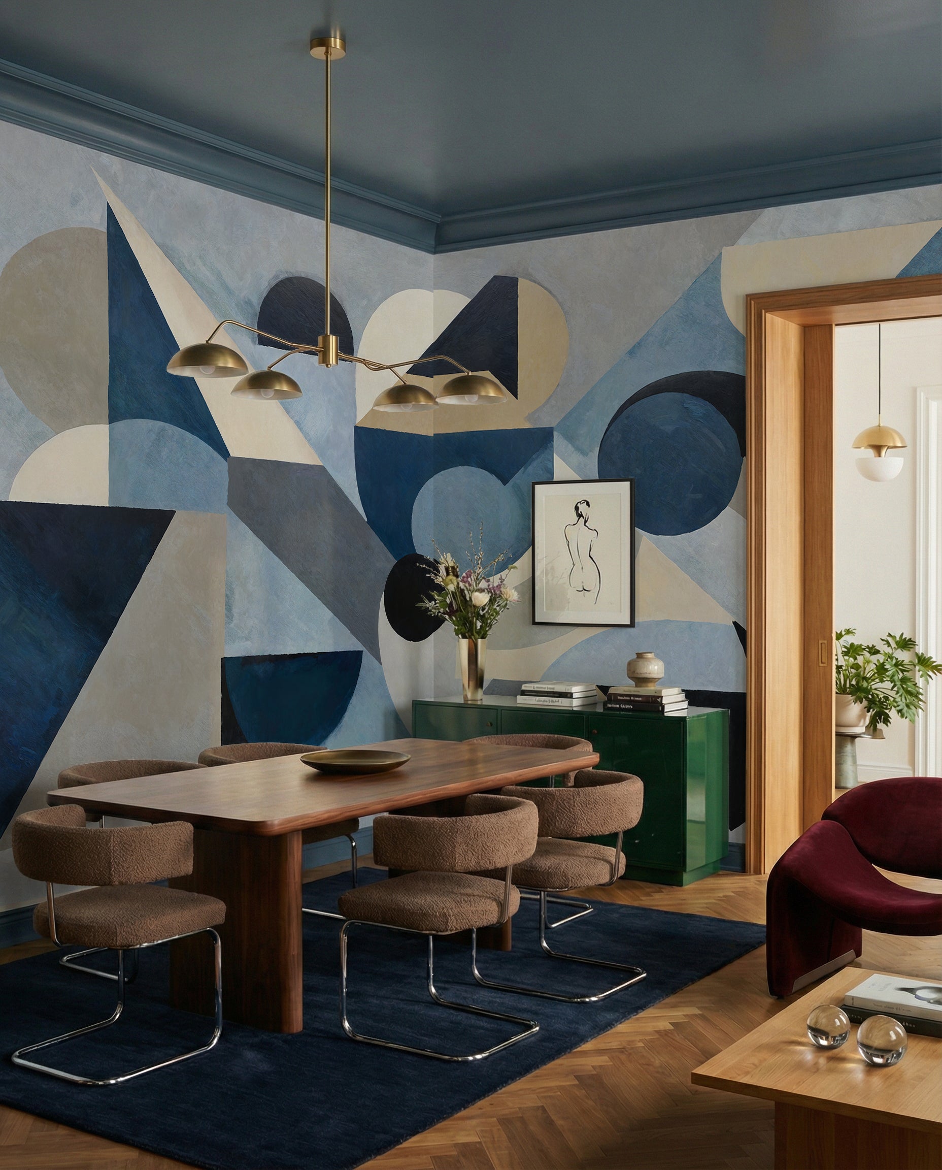 Bold geometric mural with intersecting semicircular and angular shapes across full surface., GD10361