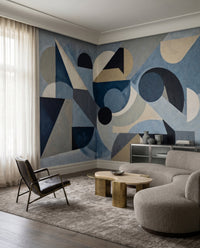 Monochromatic blue and grey mural showing rhythmic arrangement of curved and sharp forms, GD10361