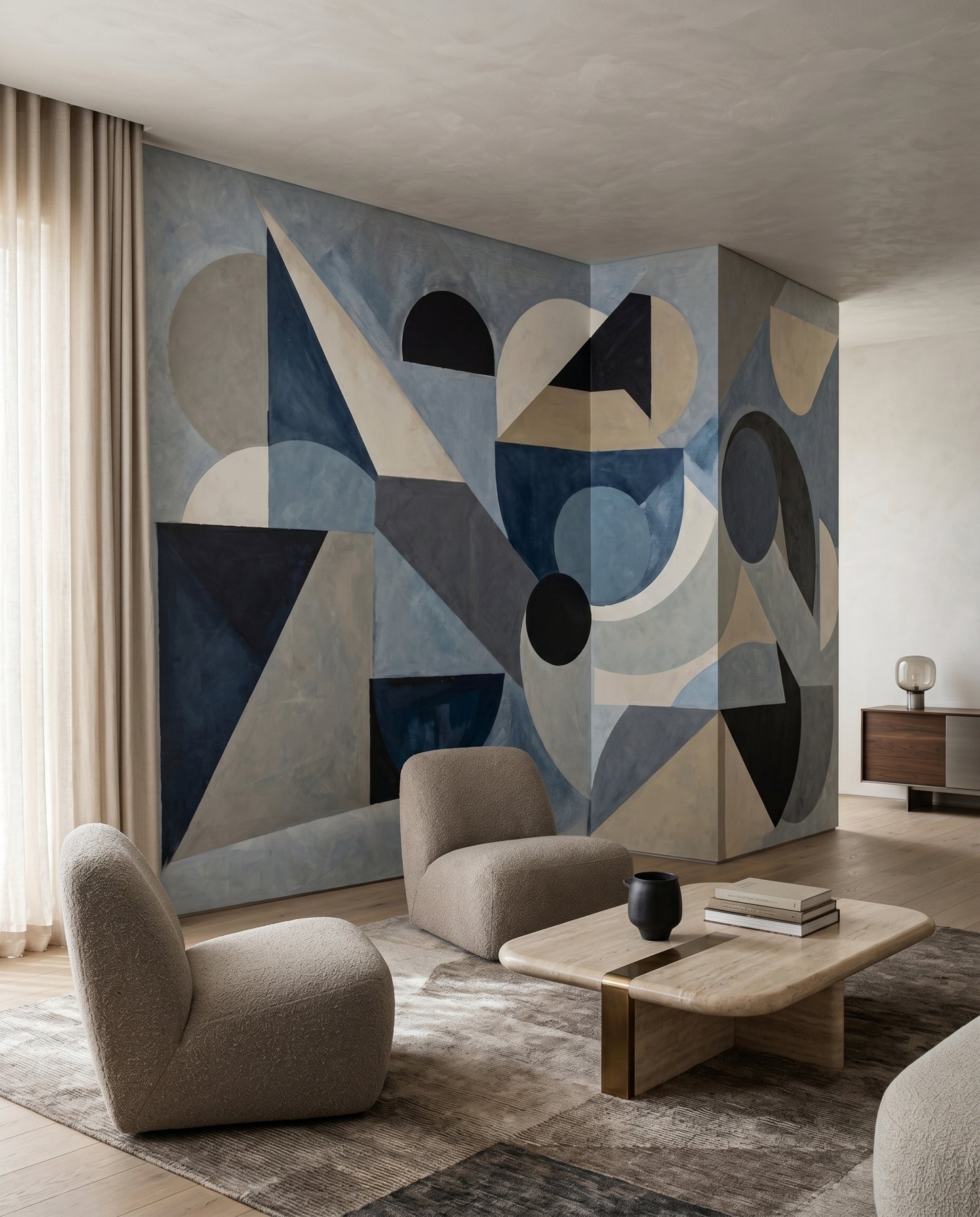 Abstract wall mural with large half-circles and diagonal triangles in cool tones., GD10361
