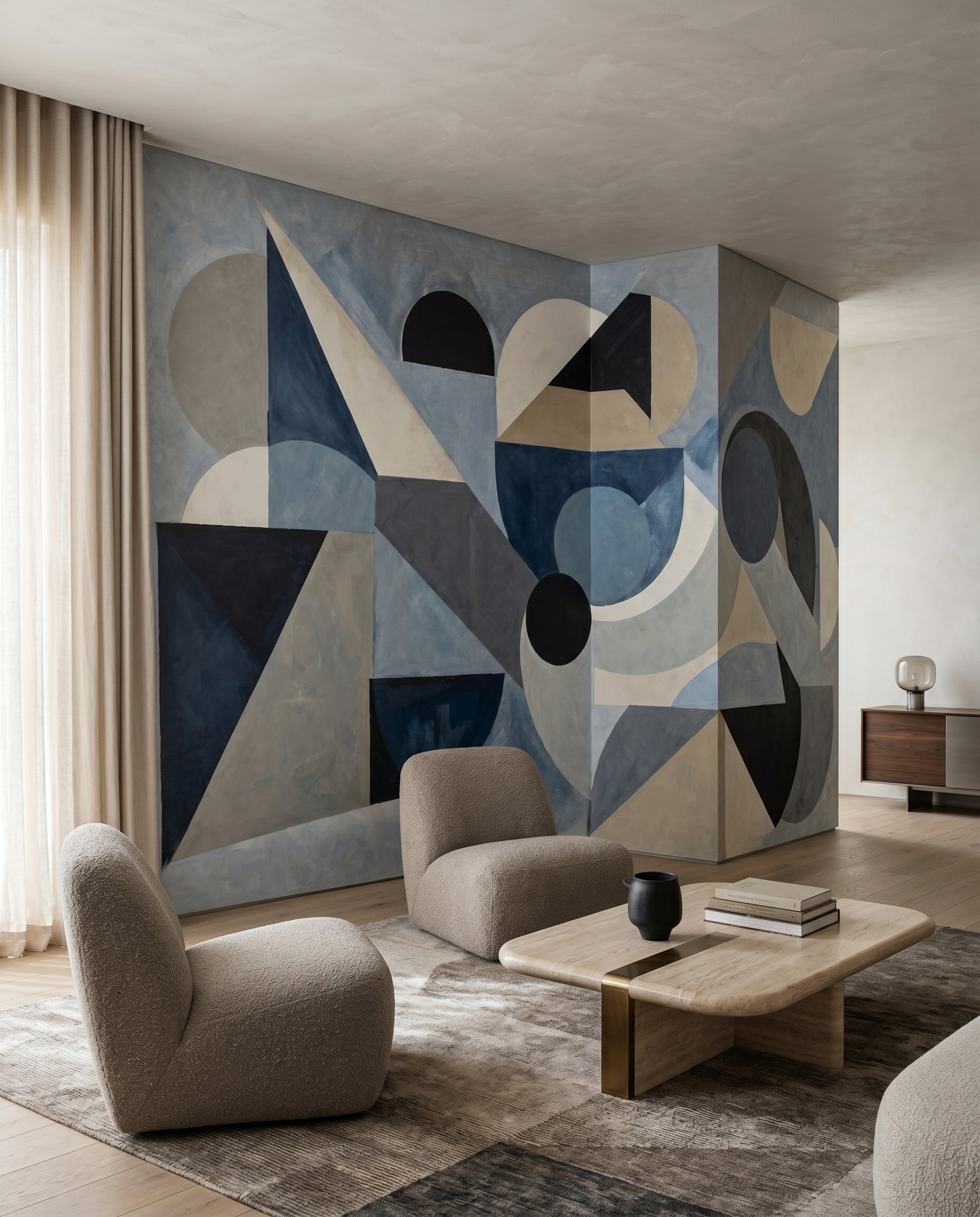Abstract wall mural with large half-circles and diagonal triangles in cool tones., GD10361
