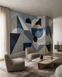Abstract wall mural with large half-circles and diagonal triangles in cool tones., GD10361