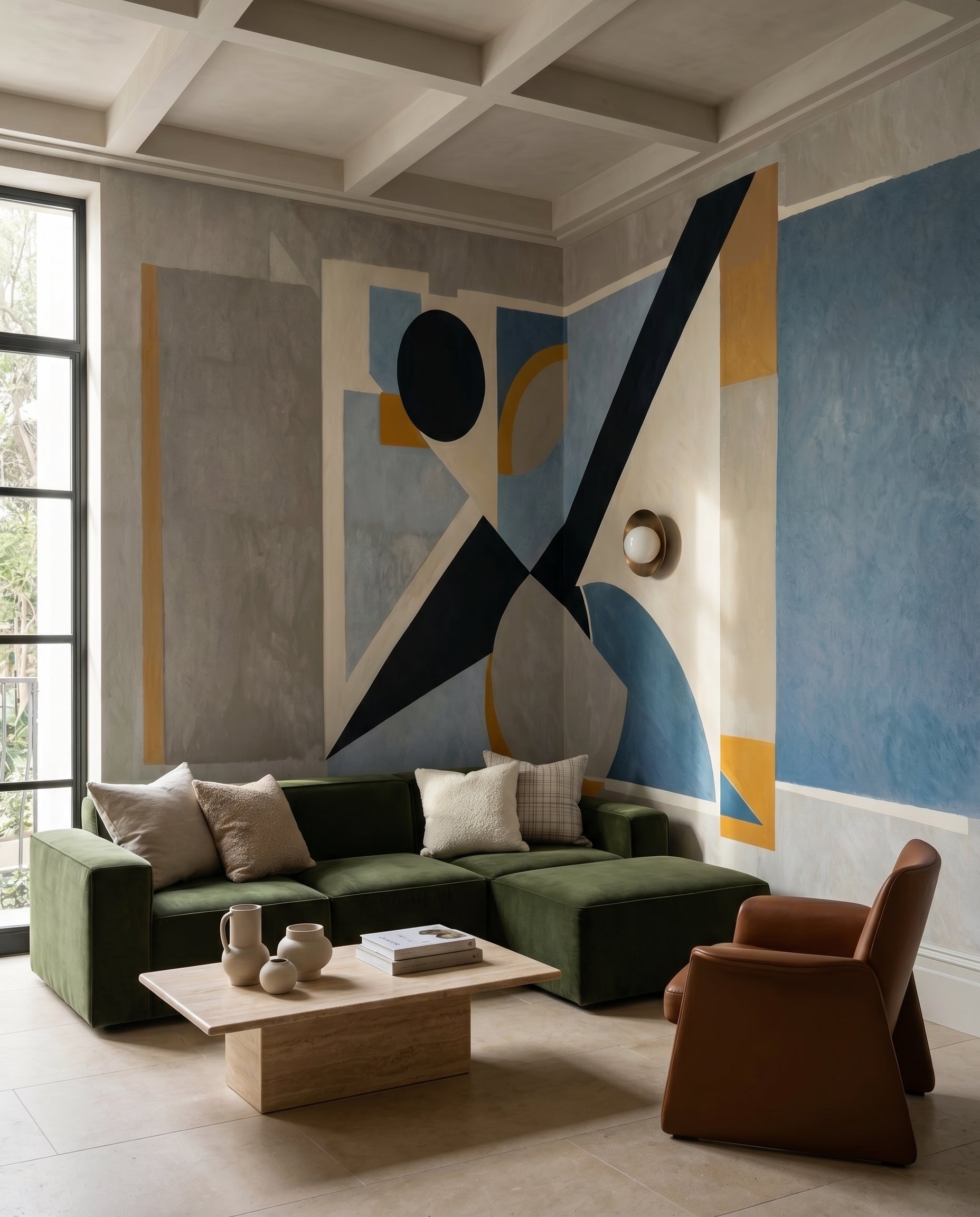 Constructivist wall mural in steel blue, navy, and mustard on textured pale ground., GD10359
