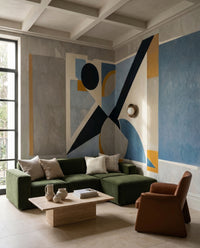 Constructivist wall mural in steel blue, navy, and mustard on textured pale ground., GD10359
