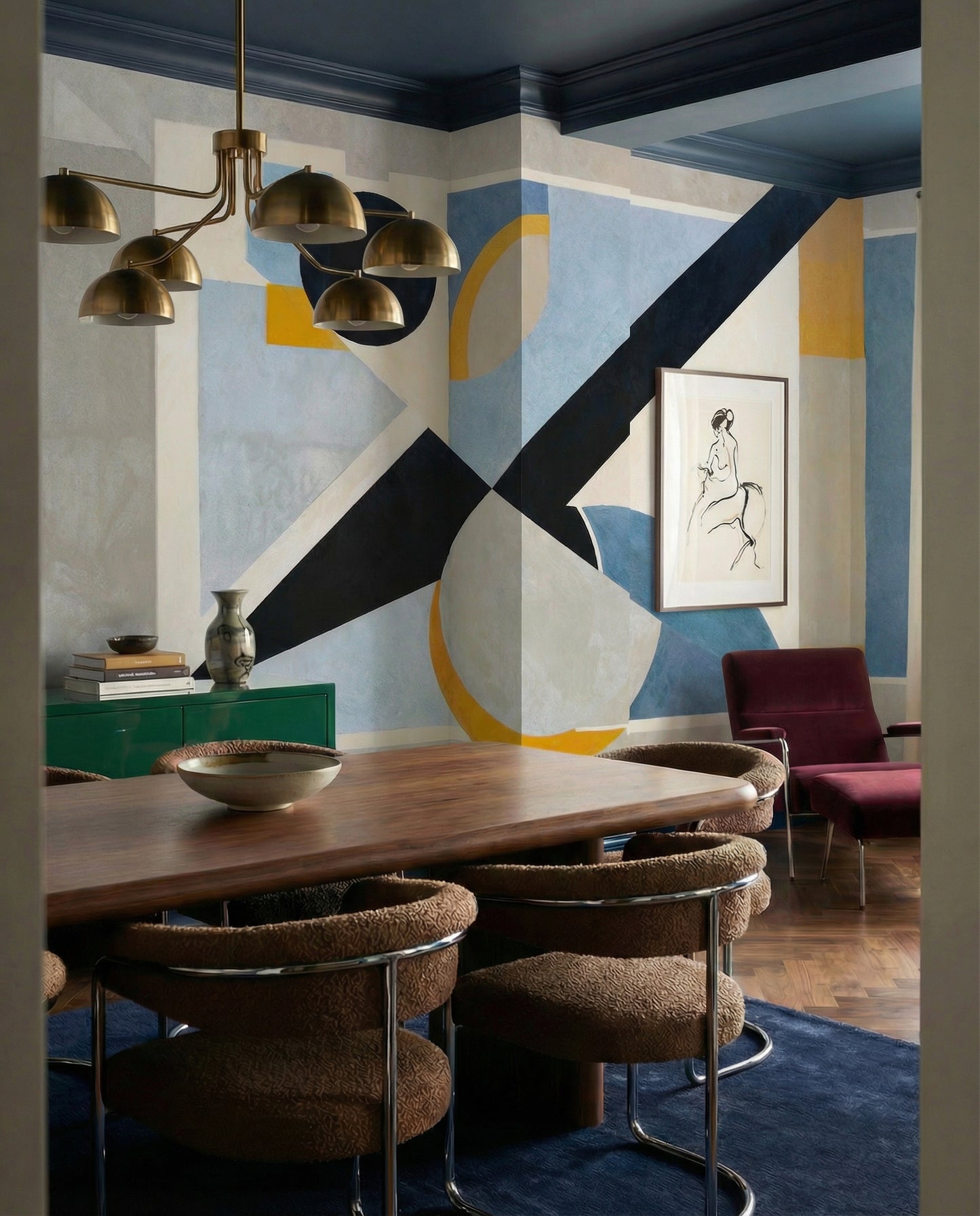 Dining room wall mural with bold constructivist geometric shapes in navy and blue palette., GD10359