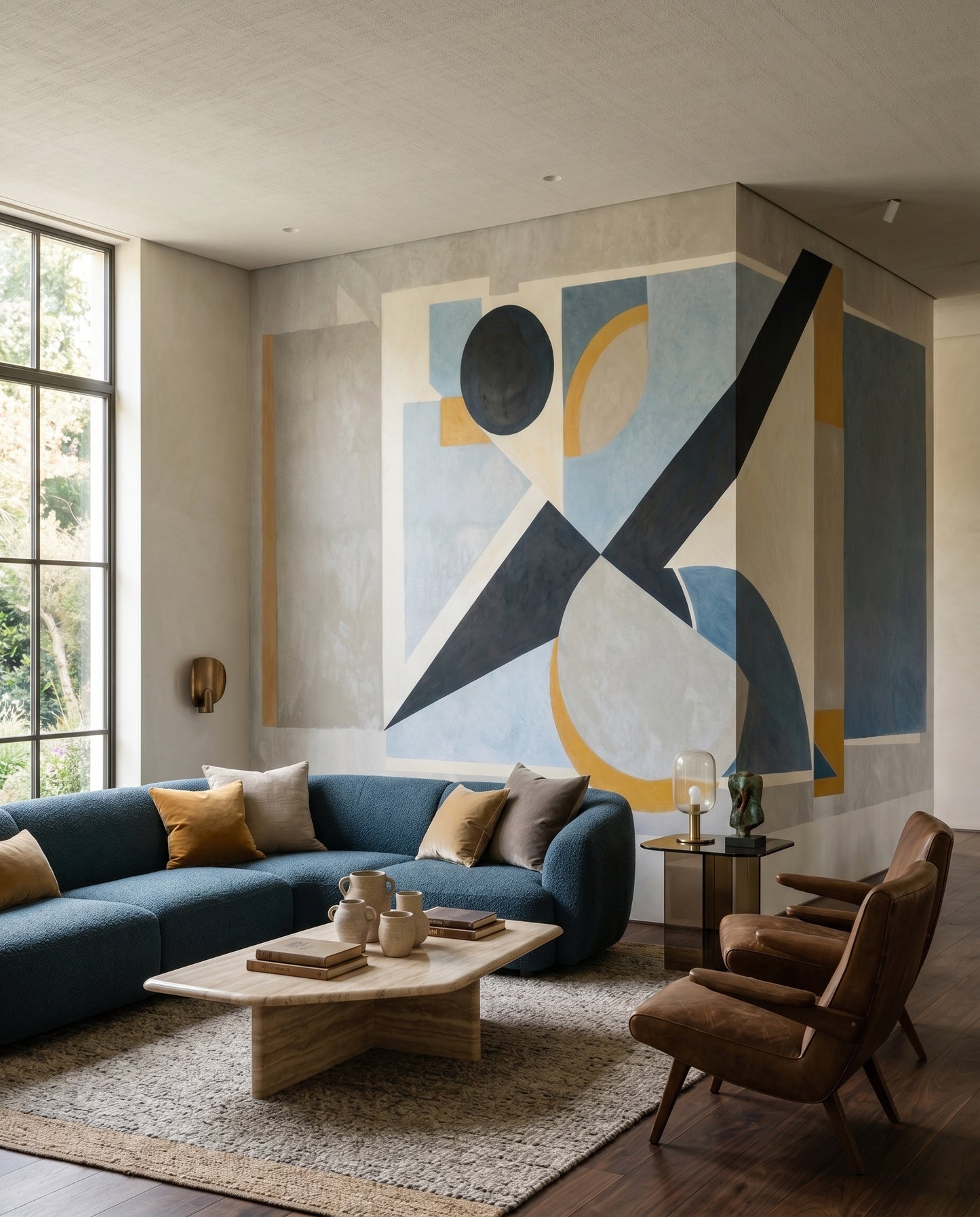 Modern geometric mural displaying intersecting triangles, rectangles and circular forms., GD10359