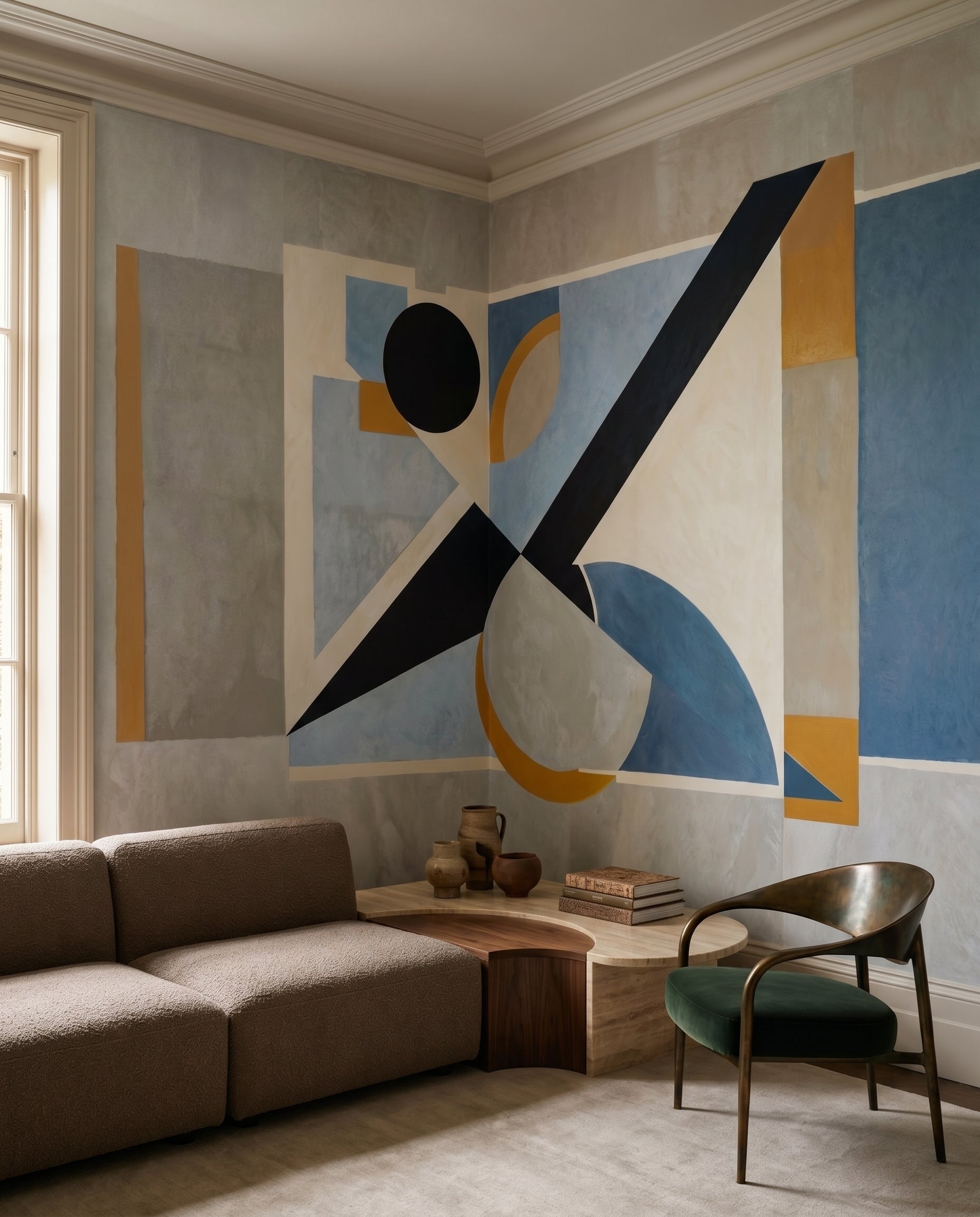 Abstract wall mural showing golden-yellow arcs contrasting against cool blue and grey tones., GD10359